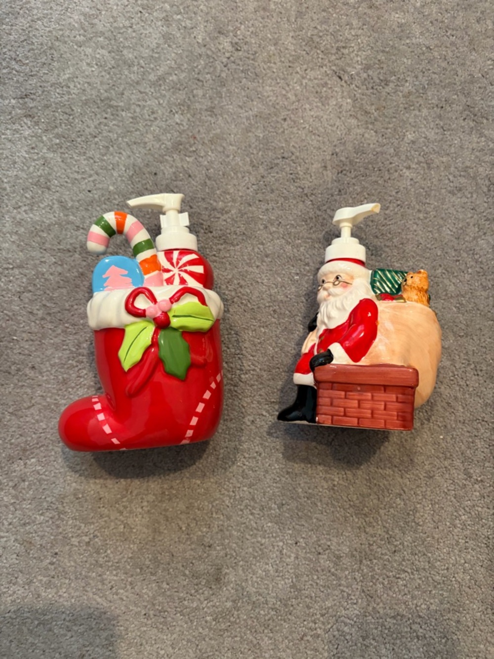 Holiday Ceramic Soap Dispensers — Set of 2 - Xmas Stocking & Santa on Chimney